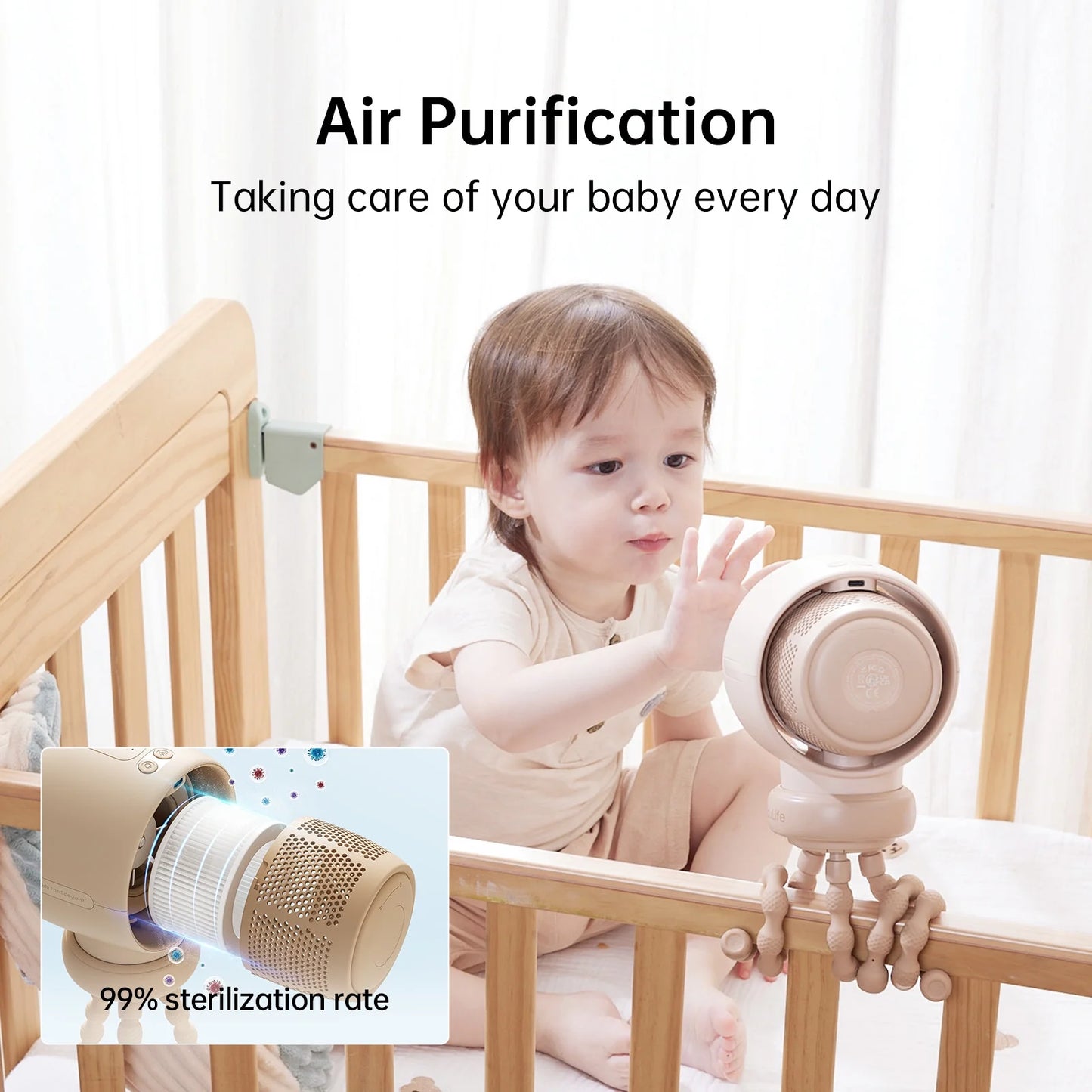 Baby Stroller Fan Portable, Small Battery Operated Fan, Car Seat Fan with 5 Speeds, Air Purify and Air Enhance Tech, Bladeless, Food-Grade Gifts Fan for Outdoor, Treadmill, Golf