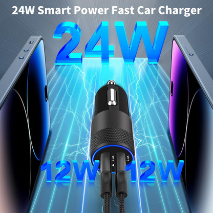 【Mfi Certified】Iphone Car Charger Fast Charging,  4.8A Dual USB Smart Power Cigarette Lighter USB Car Charger with 2Pack Lightning Braided Cable for Iphone 14 13 12 11 Pro XS Mini XR X SE Ipad
