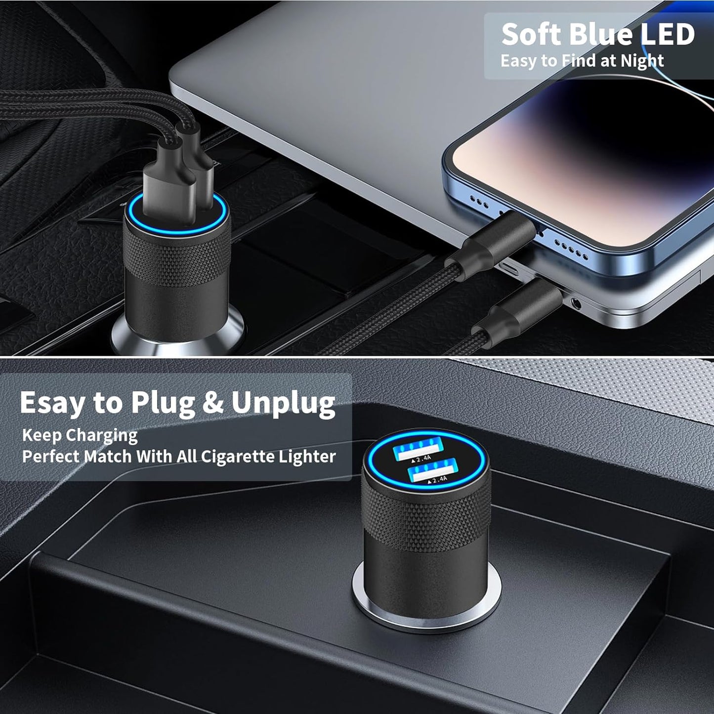 【Mfi Certified】Iphone Car Charger Fast Charging,  4.8A Dual USB Smart Power Cigarette Lighter USB Car Charger with 2Pack Lightning Braided Cable for Iphone 14 13 12 11 Pro XS Mini XR X SE Ipad